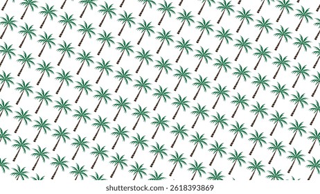 Seamless tropical palm tree pattern with green leaves and brown trunks on white background, perfect for summer, beach, vacation, and tropical-themed designs.