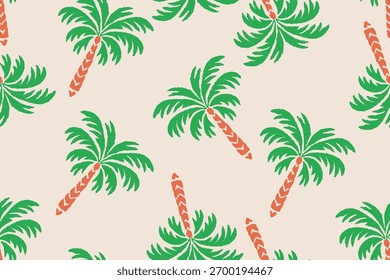 Ilustração de vetor de padrão de palmeira tropical sem costura com folhas verdes e troncos de laranja, projeto de fundo de praia de verão mínimo para tecido, têxtil, papel de parede e papel de embrulho.