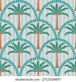 Patrón de palmeras tropicales sin fisuras en tonos azules y naranjas retro, perfecto para el verano, temas de playa, textiles, Fondos de pantalla y diseños de vacaciones.