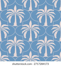 Padrão de palmeira tropical sem costura em tons de azul suave. Perfeito para o tecido de verão, papel de parede, embalagem, marca de praia, e projetos temáticos de resort.