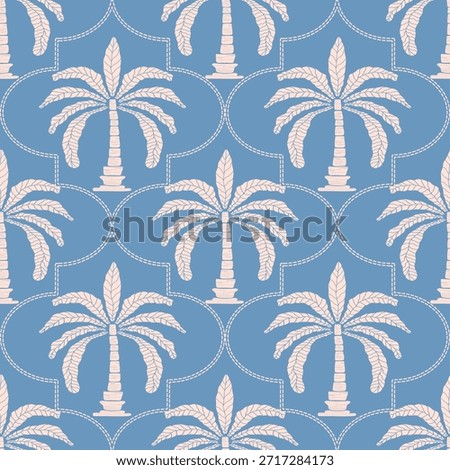 Seamless tropical palm tree pattern in soft blue tones. Perfect for summer fabric, wallpaper, packaging, beach branding, and resort-themed designs.