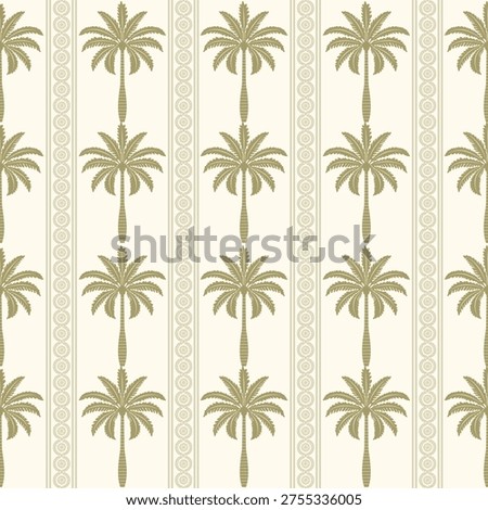Seamless tropical palm tree pattern with vertical stripes in vintage style, ideal for summer.