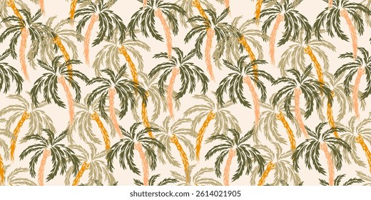 Seamless tropical palm tree vector pattern with artistic brushstroke texture. Light background with green and greenery palm leaves. Perfect for summer fashion, textiles, wallpapers, and branding.
