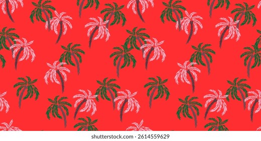 Seamless tropical palm tree vector pattern with a vibrant red background. The design features lush green and soft pink palm leaves, creating a bold, exotic, and stylish look,  summer fashion, textiles