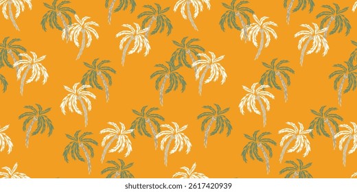 Seamless tropical palm tree vector pattern with a yellow mustard background. Design features lush green and beige palm leaves, creating a bold, exotic, and stylish look for summer fashion, textiles