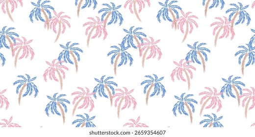 Seamless tropical palm tree vector pattern with a white background. The design features lush blue and soft pink palm leaves, creating a bold, exotic, and stylish look  for summer fashion, textiles