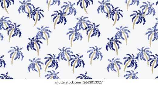 Seamless tropical palm tree vector pattern with a light background. The design features lush blue and navy palm leaves, creating a bold, exotic, and stylish look. Perfect for summer fashion, textiles