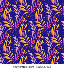 seamless tropical palms pattern. beautiful exotic abstract allover design. Palm leaves of different shapes in vibrant, neon colors. on dark background, for fashion, interior, stationery, web.