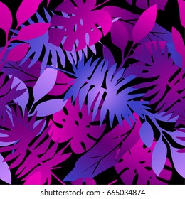 seamless tropical palms pattern. beautiful exotic abstract allover design. Palm leaves of different shapes in vibrant, neon colors. on dark background, for fashion, interior, stationery, web.