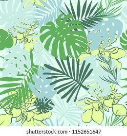 Seamless tropical palms pattern. Exotic. Green colors. Background for fashion, interior, stationery, web.