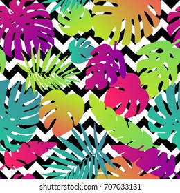 Seamless tropical palms pattern. Exotic. Neon colors. Background for fashion, interior, stationery, web.