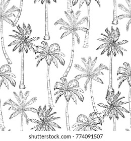 Seamless tropical palms pattern. Summer endless hand drawn vector background of palm trees can be used for wallpaper, wrapping paper, textile printing.Vector illlustration.