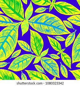 Seamless tropical pals pattern. Exotic leafs. Bright colors