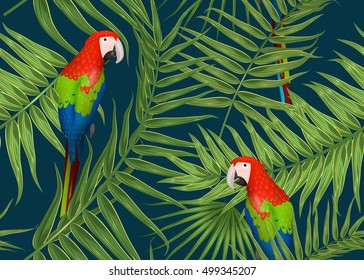 Seamless tropical parrot bird pattern, exotic background with palm tree branches, leaves, leaf, palm leaves. endless texture with parrot bird