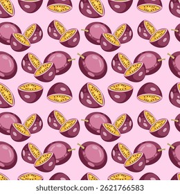 Seamless tropical passionfruit pattern – vibrant exotic fruit repeat design for fabric, wrapping paper, kitchen decor, summer menu, digital backgrounds and healthy organic food packaging