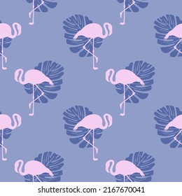 Seamless tropical pastel pattern with pink flamingo silhouettes and monstera leaves exotic leaf and bird repeatable background. Summer template flamingos for kids clothes nursery vector illustration