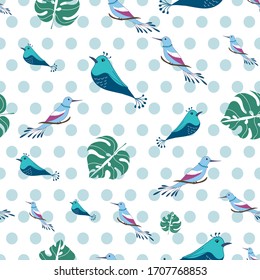 Seamless tropical pattern with abstract colorful birds and leaves