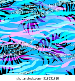 seamless tropical pattern in abstract memphis style. abstract geometric shapes and patterns with palm leaves