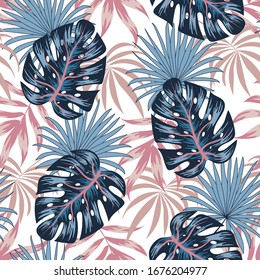 Seamless tropical pattern with abstract pink and blue leaves. Seamless exotic pattern with tropical plants. Illustration in Hawaiian style. Jungle leaves. Botanical pattern. Exotic wallpaper. 