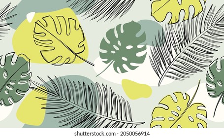 Seamless tropical pattern with abstract shapes, green palm and monstera leaves	