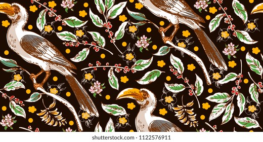 Seamless tropical pattern with african bird and botany 