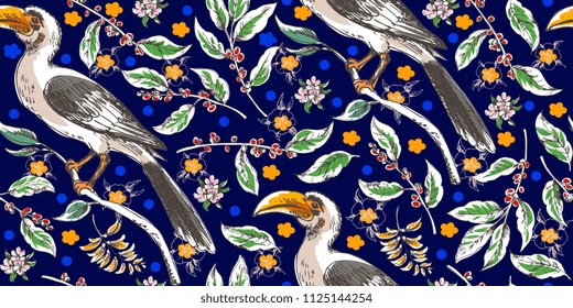 Seamless tropical pattern with african bird and botany 