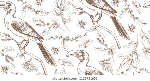 Seamless tropical pattern with african bird and botany