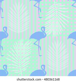 seamless tropical pattern background with blue flamingos