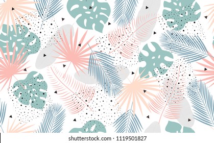 Seamless Tropical Pattern. Background with Exotic Plants Leaves. Fashion  Print .Vector illustration.