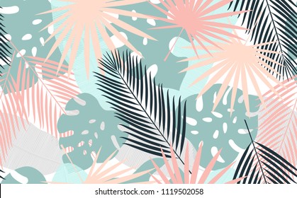 Seamless Tropical Pattern. Background with Exotic Plants Leaves. Fashion  Print .Vector illustration.