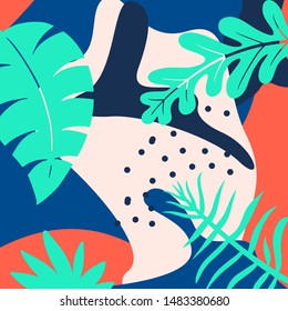 Seamless Tropical Pattern. Background with Exotic Plants Leaves. Fashion Print .Vector illustration.