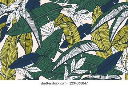 Seamless tropical pattern with banana leaves. Hand drawn vector illustration