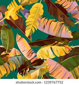Seamless tropical pattern with banana leaves