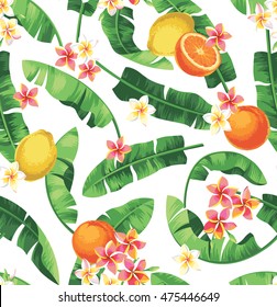 Seamless tropical pattern with banana leaves, flowers, oranges and lemons. Vector illustration.