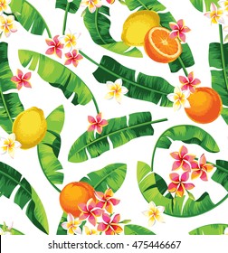 Seamless tropical pattern with banana leaves, flowers, oranges and lemons. Vector illustration.