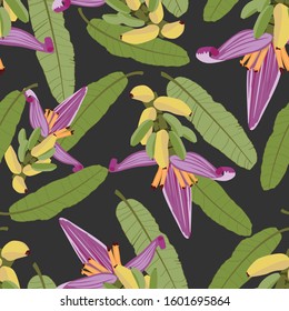 Seamless tropical pattern with banana palms branch with flower and fruit with leaves. Vector illustration on vintage black background.