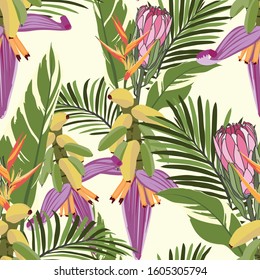 Seamless tropical pattern with banana palms branch with flower and fruit with palm leaves. Vector illustration on vintage yellow background.