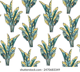 Patrón tropical sin costuras con palmeras de plátano. Ilustración vectorial. verde con hojas azules aisladas sobre fondo blanco.