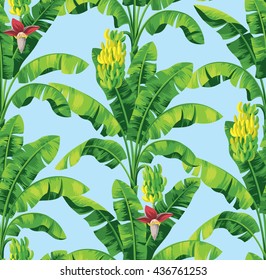 Seamless tropical pattern with banana palms. Vector illustration.