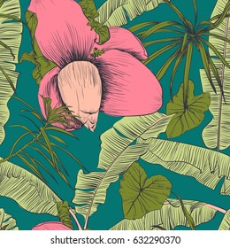 Seamless tropical pattern with banana palms. Vector illustration. Decorative image with tropical foliage, flowers. Objects for decoration, design on advertising