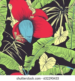 Seamless tropical pattern with banana palms. Vector illustration. Decorative image with tropical foliage, flowers. Objects for decoration, design on advertising