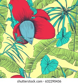 Seamless tropical pattern with banana palms. Vector illustration. Decorative image with tropical foliage, flowers. Objects for decoration, design on advertising