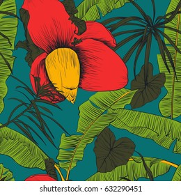 Seamless tropical pattern with banana palms. Vector illustration. Decorative image with tropical foliage, flowers. Objects for decoration, design on advertising