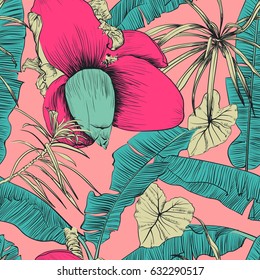Seamless tropical pattern with banana palms. Vector illustration. Decorative image with tropical foliage, flowers. Objects for decoration, design on advertising