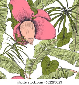 Seamless tropical pattern with banana palms. Vector illustration. Decorative image with tropical foliage, flowers. Objects for decoration, design on advertising