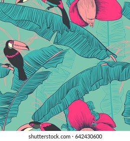 Seamless tropical pattern with banana palms With birds toucans. Vector illustration. Decorative image with tropical foliage, flowers. Objects for decoration, design on advertising