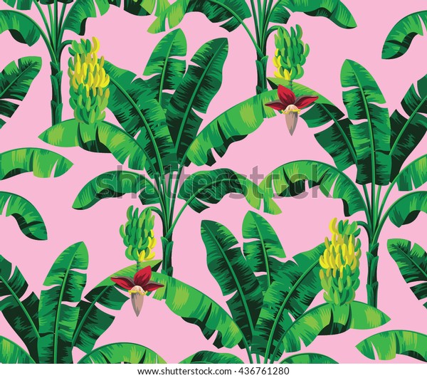Seamless tropical pattern with banana palms, green and ripe fruits. Vector illustration.