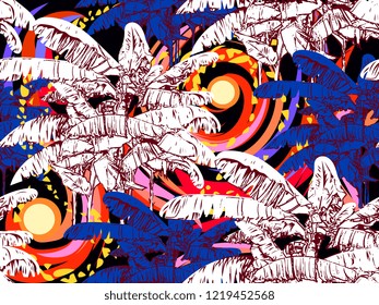Seamless tropical pattern with banana trees on colorful abstract background