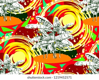 Seamless tropical pattern with banana trees on colorful abstract background