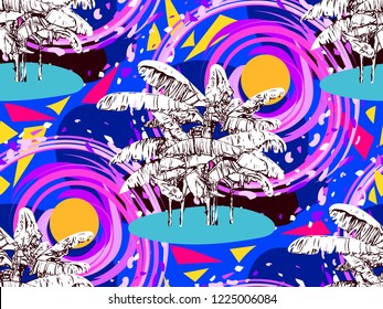 Seamless tropical pattern with banana trees on colorful abstract background